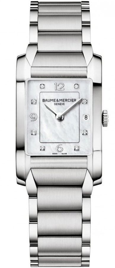 Baume & Mercier Hampton Rectangular Watches Ladies Mother of Pearl White Dial Set with Diamonds Battery Operated Quartz MOA10050 Watch