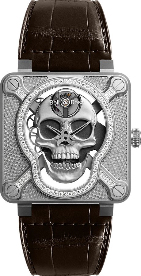 Bell Ross Aviation Instruments Watches Mens Silver Skull Skeleton Manual Winding BR-01-LAUGHING-SKULL-LIGHT-DIAMOND Watch