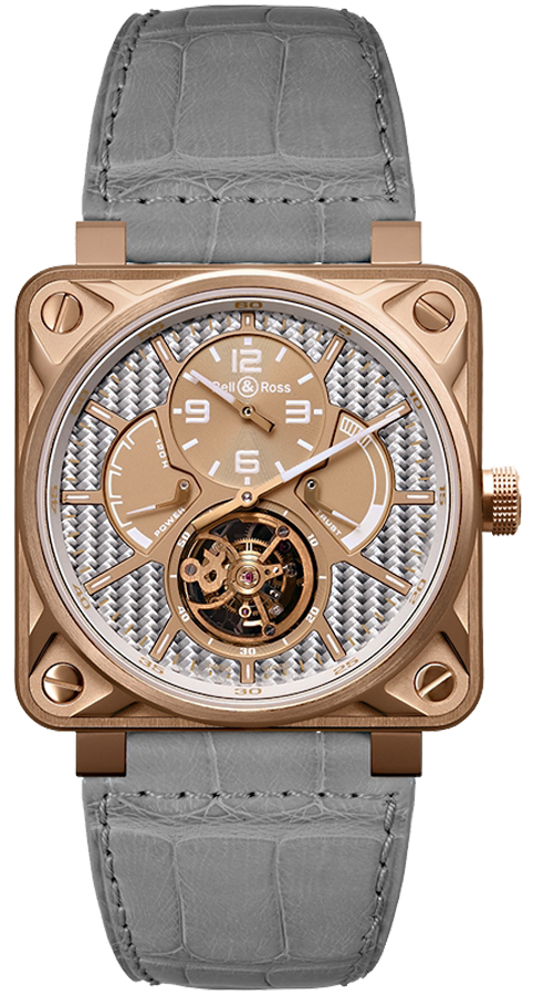 Bell Ross Aviation Instruments Watches Mens Aluminum Fiber & Rose Gold Manual Winding BR-01-TOURBILLON-PINK-GOLD-GRAY Watch