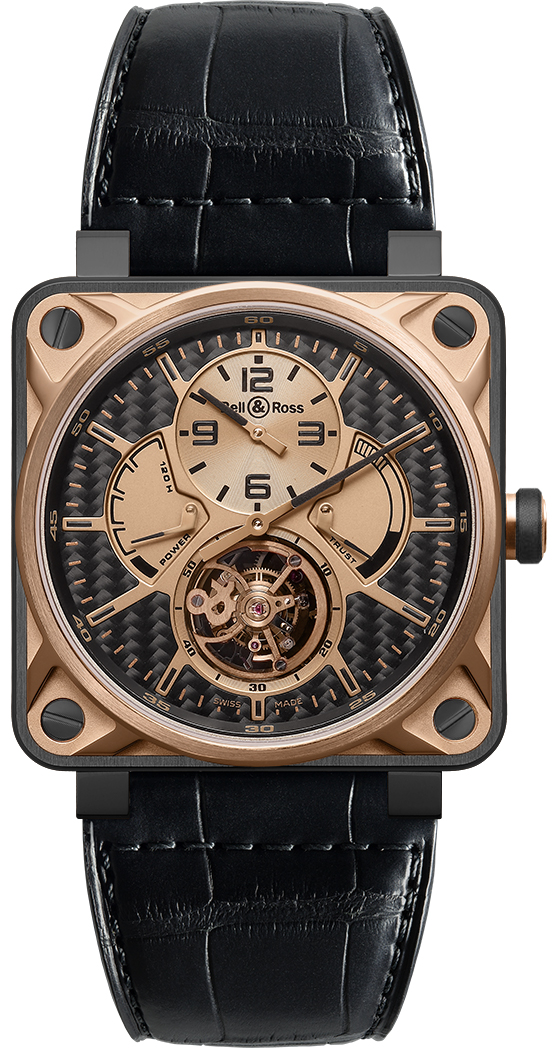 Bell Ross Aviation Instruments Watches Mens Black Carbon Fiber and Gold Manual Winding BR-01-TOURBILLON-PINK-GOLD-TITANIUM Watch