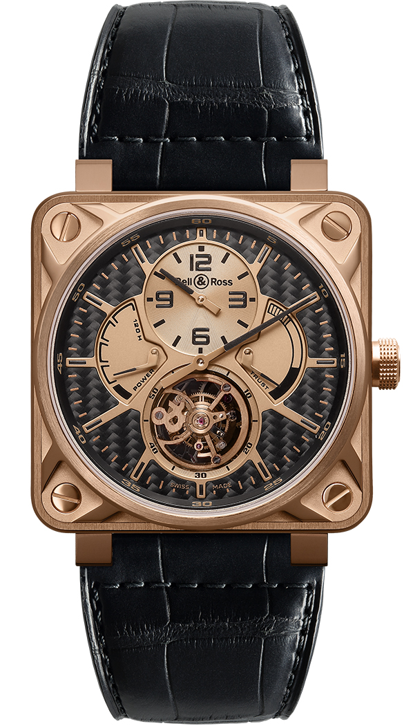 Bell Ross Aviation Instruments Watches Mens Black Carbon Fiber Manual Winding BR-01-TOURBILLON-PINK-GOLD Watch