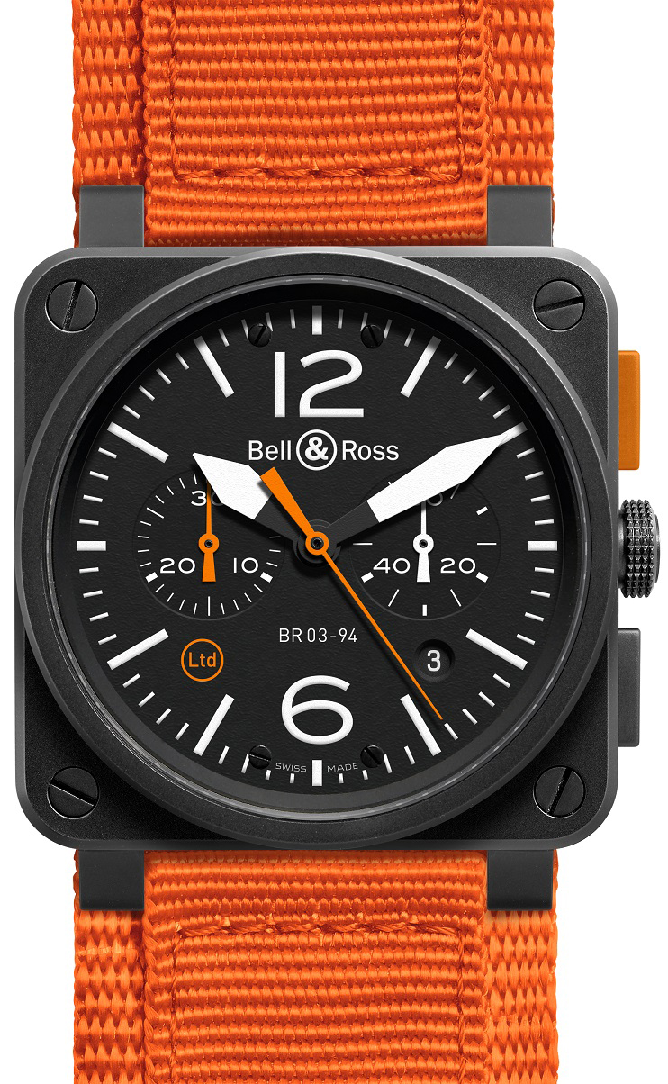 Bell Ross Aviation Instruments Watches Mens Black BR-03-94-CARBON-ORANGE Watch