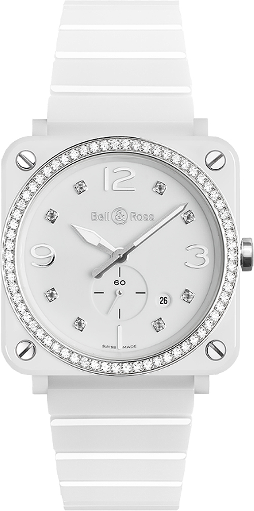 Bell Ross Aviation Instruments Watches Ladies White Dial Set with Diamonds Battery Operated Quartz BR-S-WHITE-CERAMIC-DIAMONDS Watch