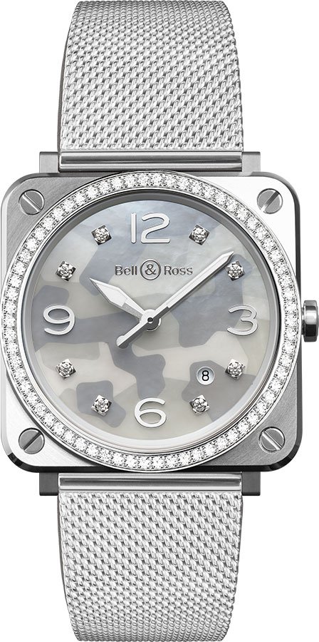 Bell Ross Aviation Instruments Watches  Mother of Pearl Grey Dial with Camouflage Pattern Battery Operated Quartz BR-S-GREY-CAMOUFLAGE-DIAMONDS-SST Watch