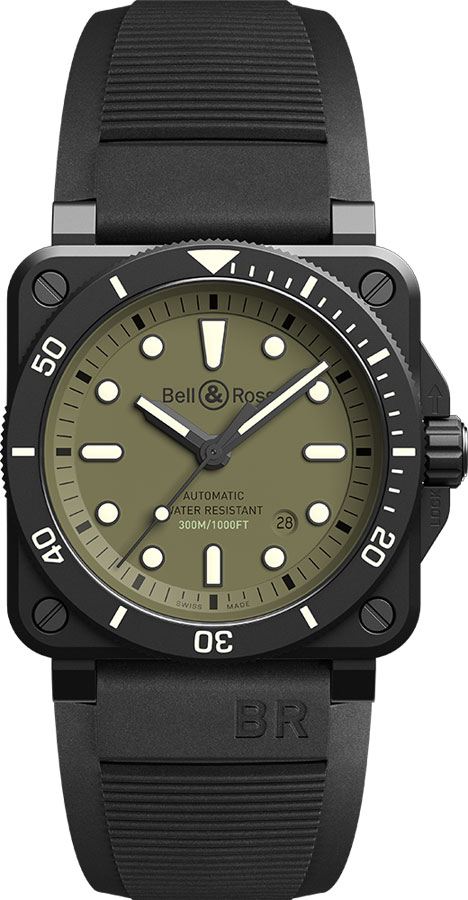 Bell Ross Aviation Instruments Watches Mens Khaki Green Self winding Automatic BR-03-92-DIVER-MILITARY Watch