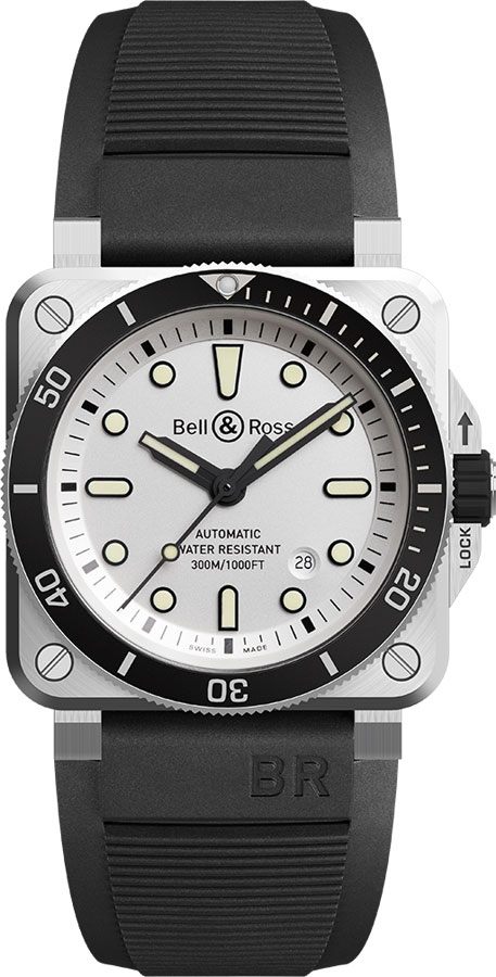 Bell Ross Aviation Instruments Watches Mens Silver Opaline Self winding Automatic BR-03-92-DIVER-WHITE Watch