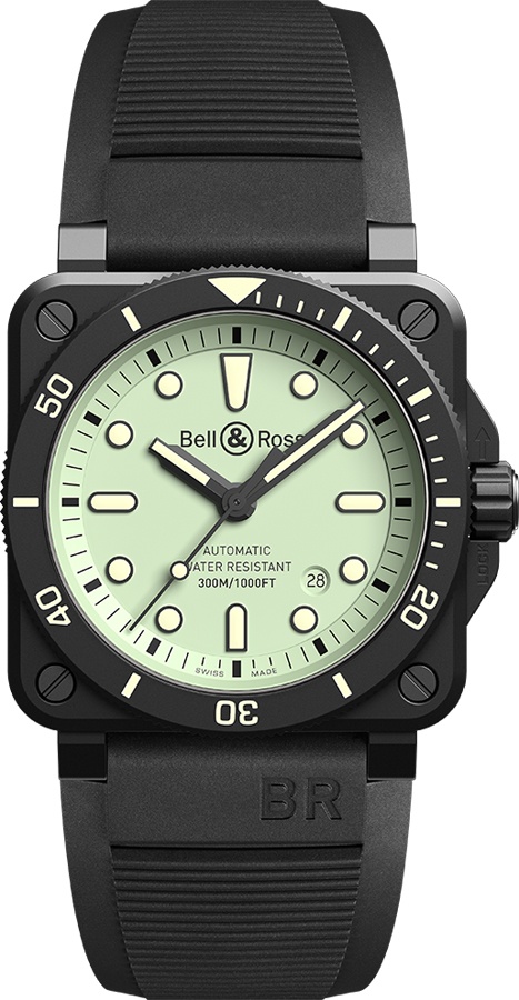 Bell Ross Aviation Instruments Watches Mens Luminescent Green Self winding Automatic BR-03-92-DIVER-FULL-LUM Watch