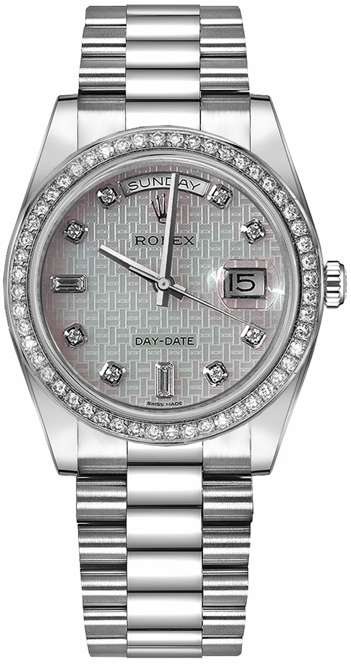 Rolex Day-Date Watches  Oxford Motif Mother of Pearl Platinum Dial Set with Diamonds Self winding Automatic 118346-0090 Watch