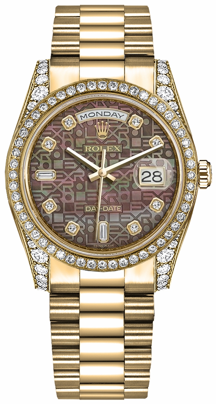Rolex Day-Date Watches Ladies Mother of Pearl Black Dial with Jubilee Design Self winding Automatic 118388-0029 Watch
