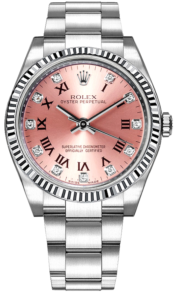 Rolex Oyster Perpetual Watches Ladies Pink Dial with Roman Numerals & Diamonds Self winding Automatic Chronometer 116034-PNKDRO Watch