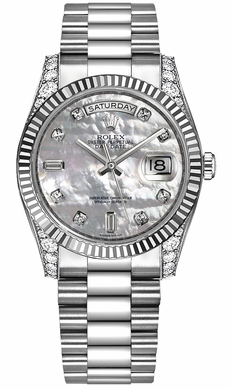 Rolex Day-Date Watches Unisex Mother of Pearl White Dial Set with Diamonds Self winding Automatic Chronometer 118339-MOPDP Watch